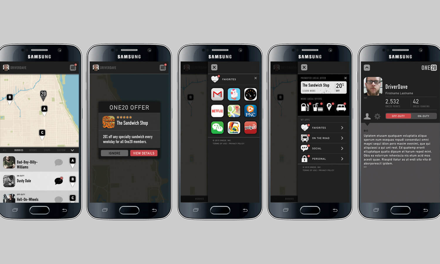 Five phones display an app with a map, offer details, app icons, social stats, and a user profile.