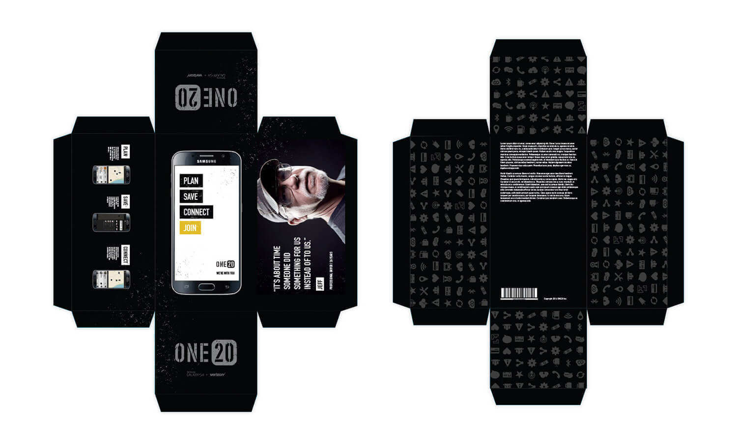 Product packaging design for ONE20, featuring a smartphone image and a man in a cap, conveying themes of connectivity and community for drivers. Predominant colors are black and white.