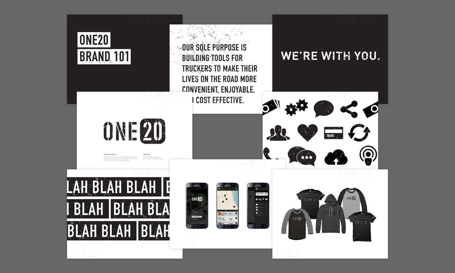 Collage of ONE20 brand elements: logo, mission text about trucker tools, icons, smartphones with app screens, hoodies, and motivational phrases.