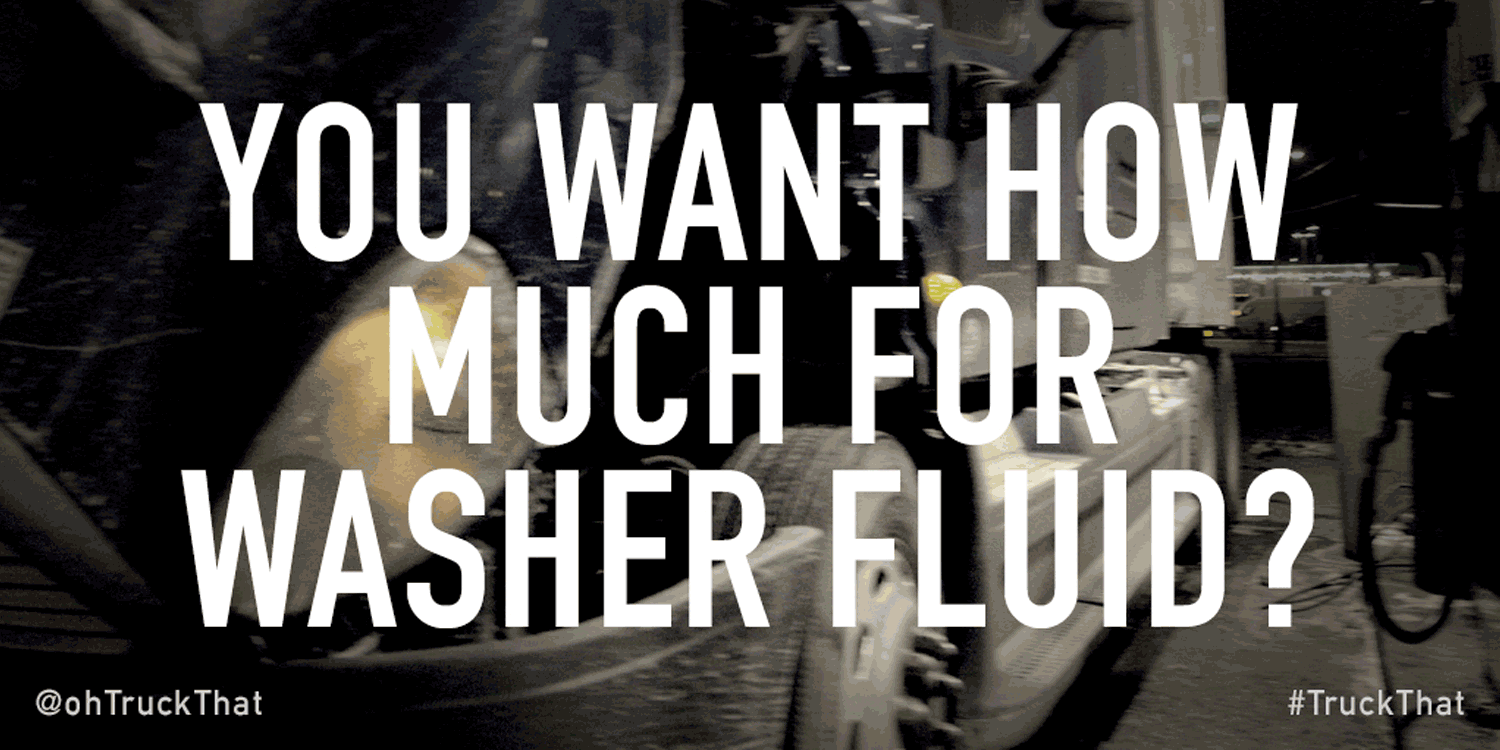 An animation showing " You want how much for washer fluid?" on top of an image of a truck near a gas pump.