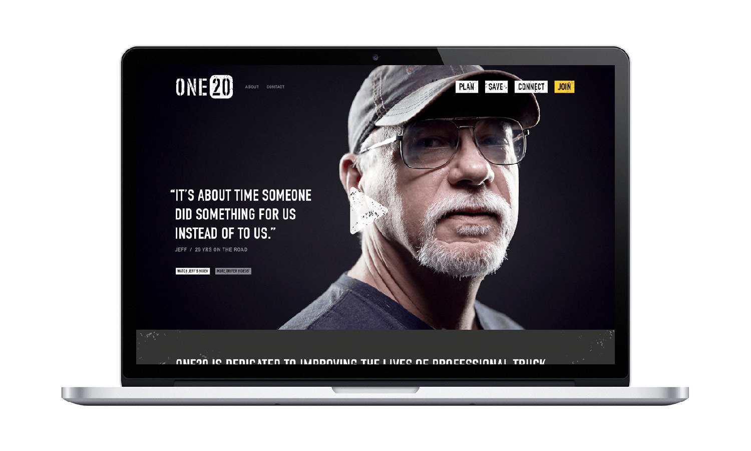 A laptop displays a website with an image of an older man in glasses and a cap. The screen shows a testimonial quote and navigation buttons.